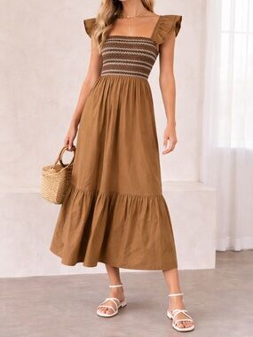 Moon River Smocked Midi Dress Size S Brown Ruffle Strap Cottagecore Romantic